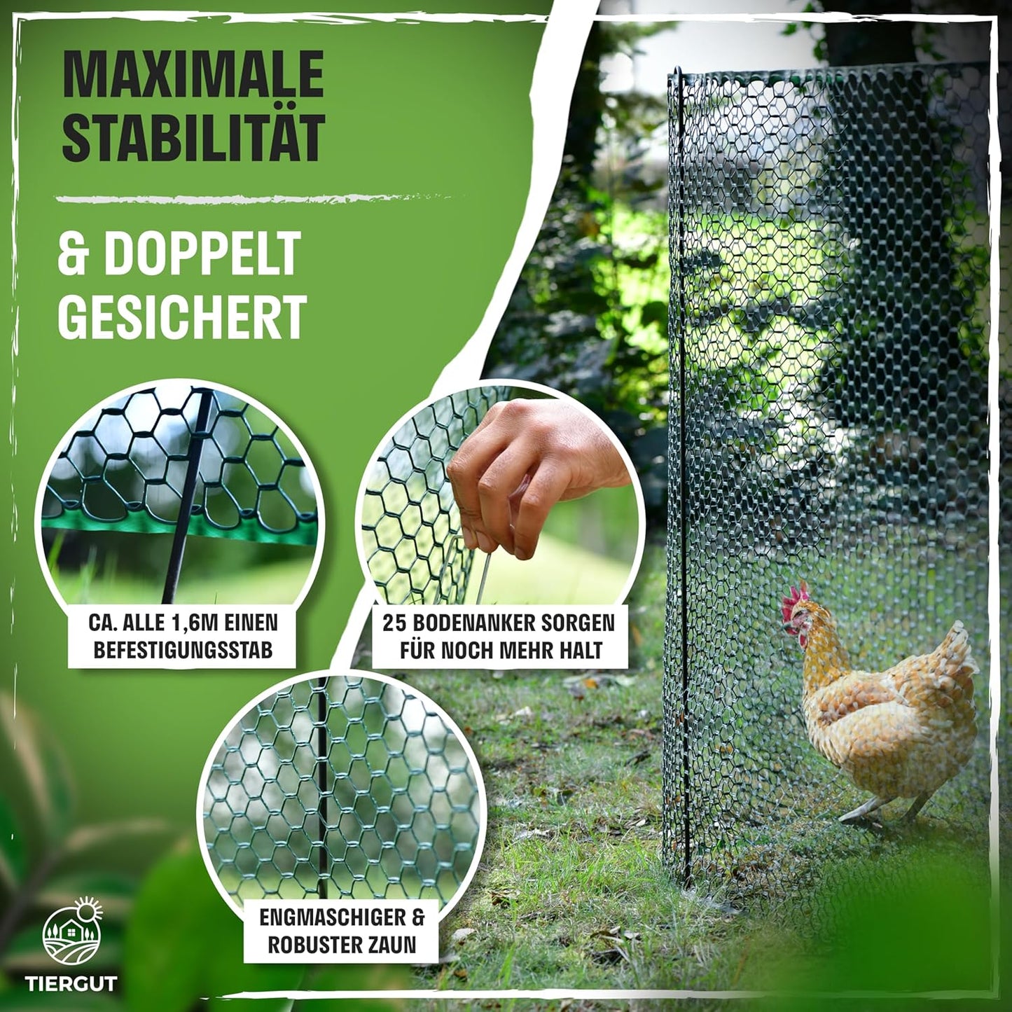 TIERGUT® Hühnerzaun 30 m x 100 cm – Mobiler Steckzaun für Hühner Hunde Kaninchen & Kleintiere – Engmaschig
