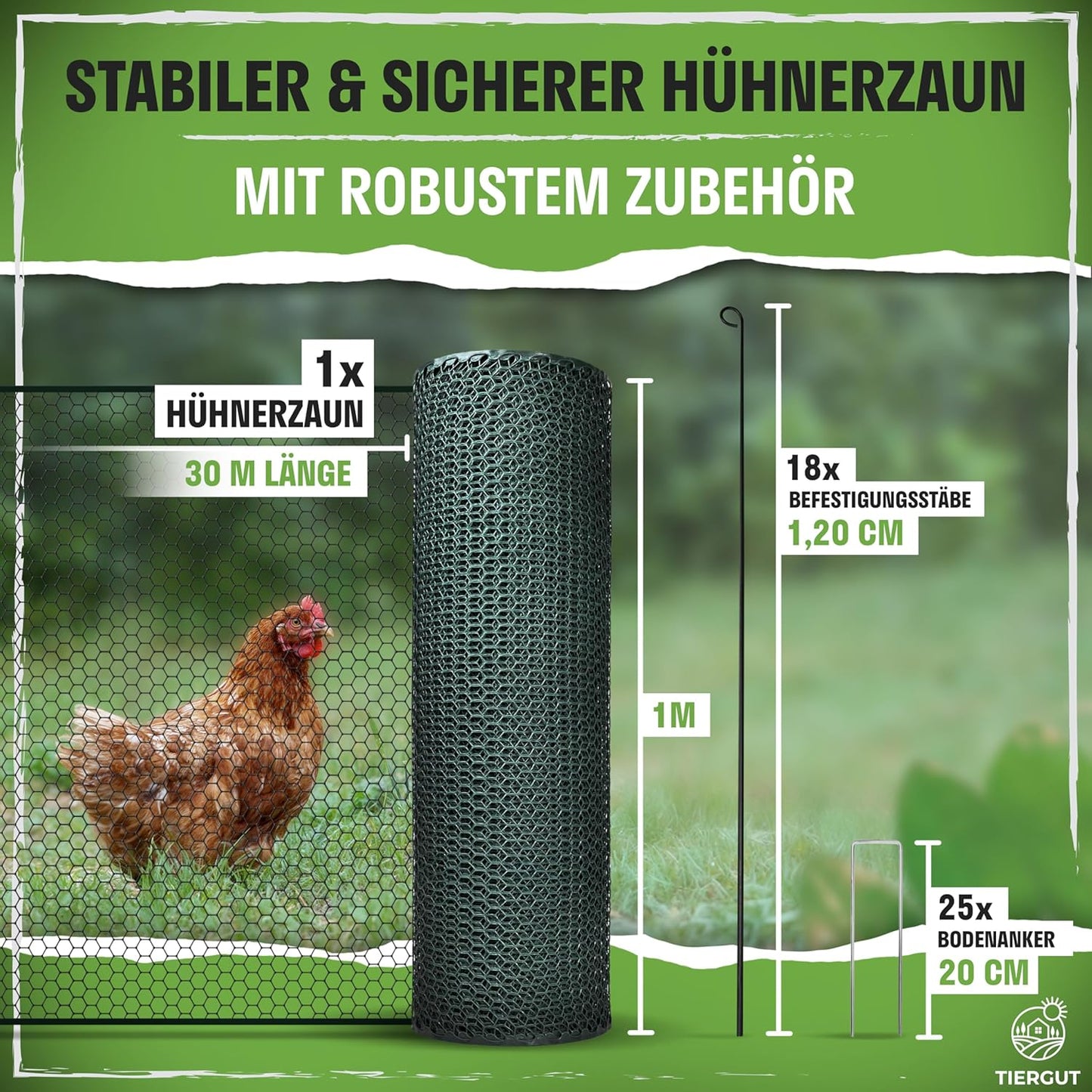 TIERGUT® Hühnerzaun 30 m x 100 cm – Mobiler Steckzaun für Hühner Hunde Kaninchen & Kleintiere – Engmaschig