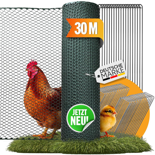 TIERGUT® Hühnerzaun 30 m x 100 cm – Mobiler Steckzaun für Hühner Hunde Kaninchen & Kleintiere – Engmaschig