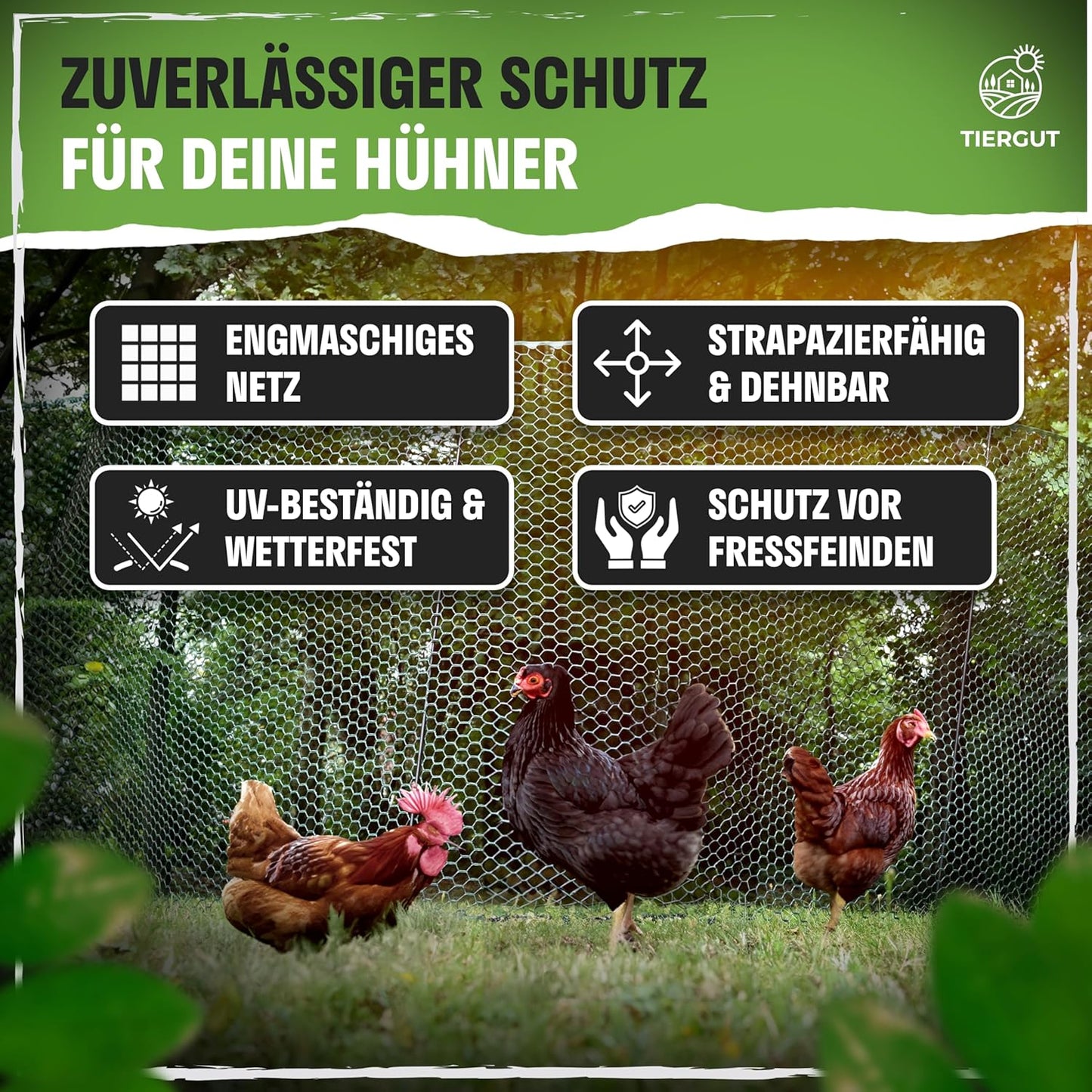 TIERGUT® Hühnerzaun 30 m x 100 cm – Mobiler Steckzaun für Hühner Hunde Kaninchen & Kleintiere – Engmaschig