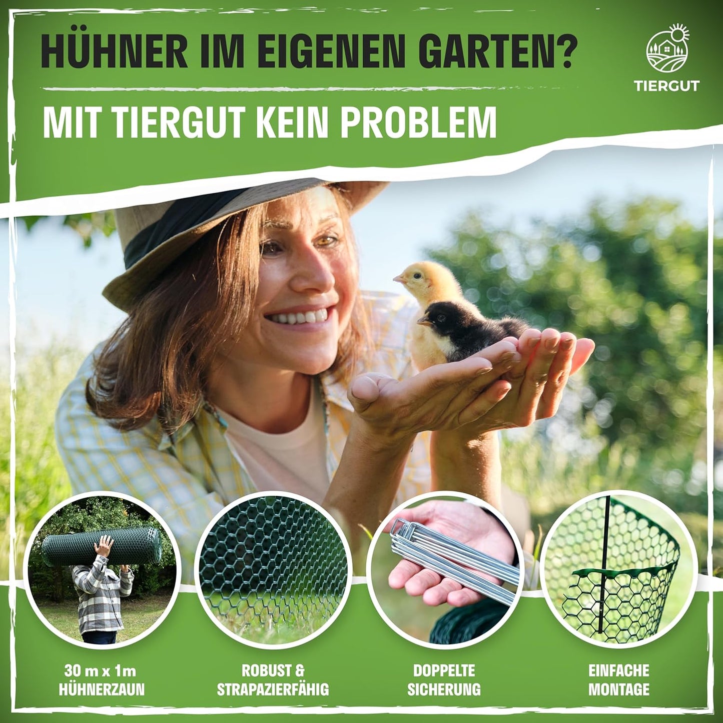 TIERGUT® Hühnerzaun 30 m x 100 cm – Mobiler Steckzaun für Hühner Hunde Kaninchen & Kleintiere – Engmaschig