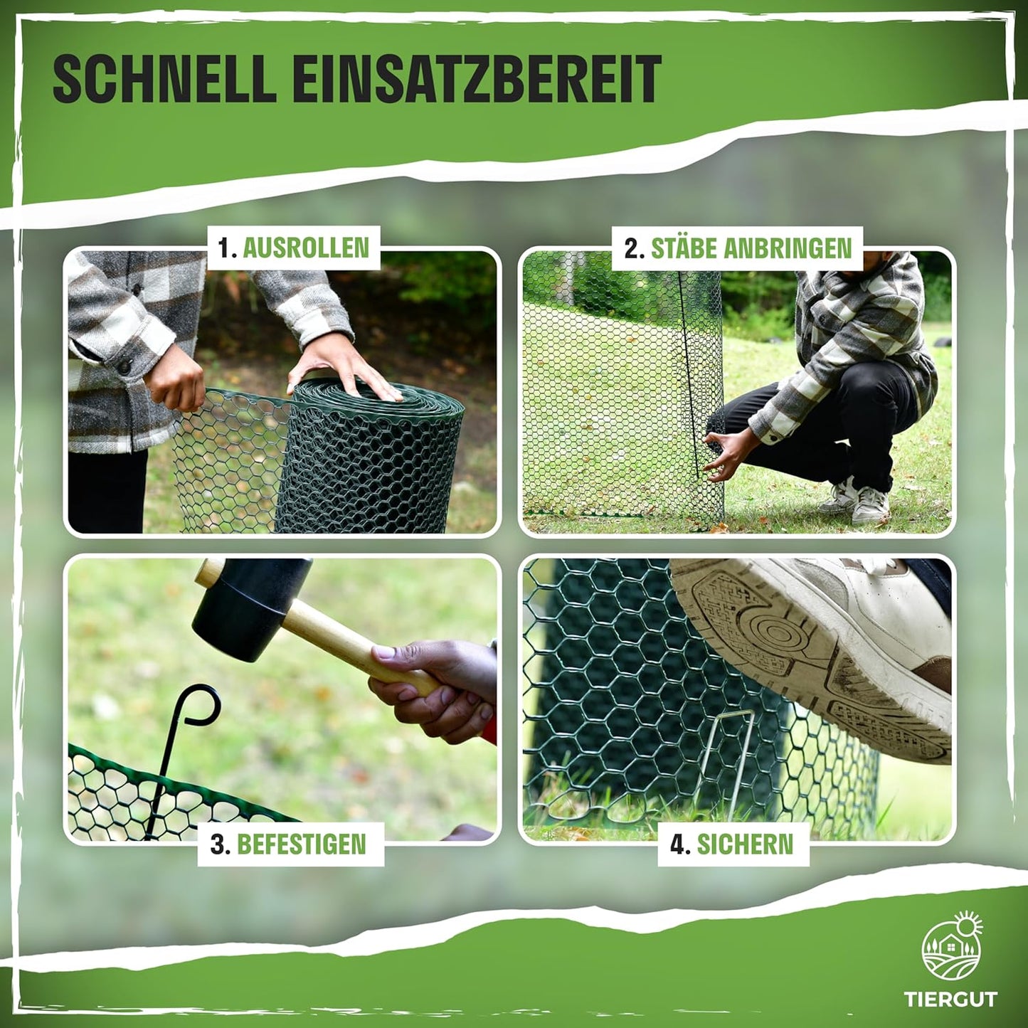 TIERGUT® Hühnerzaun 30 m x 100 cm – Mobiler Steckzaun für Hühner Hunde Kaninchen & Kleintiere – Engmaschig