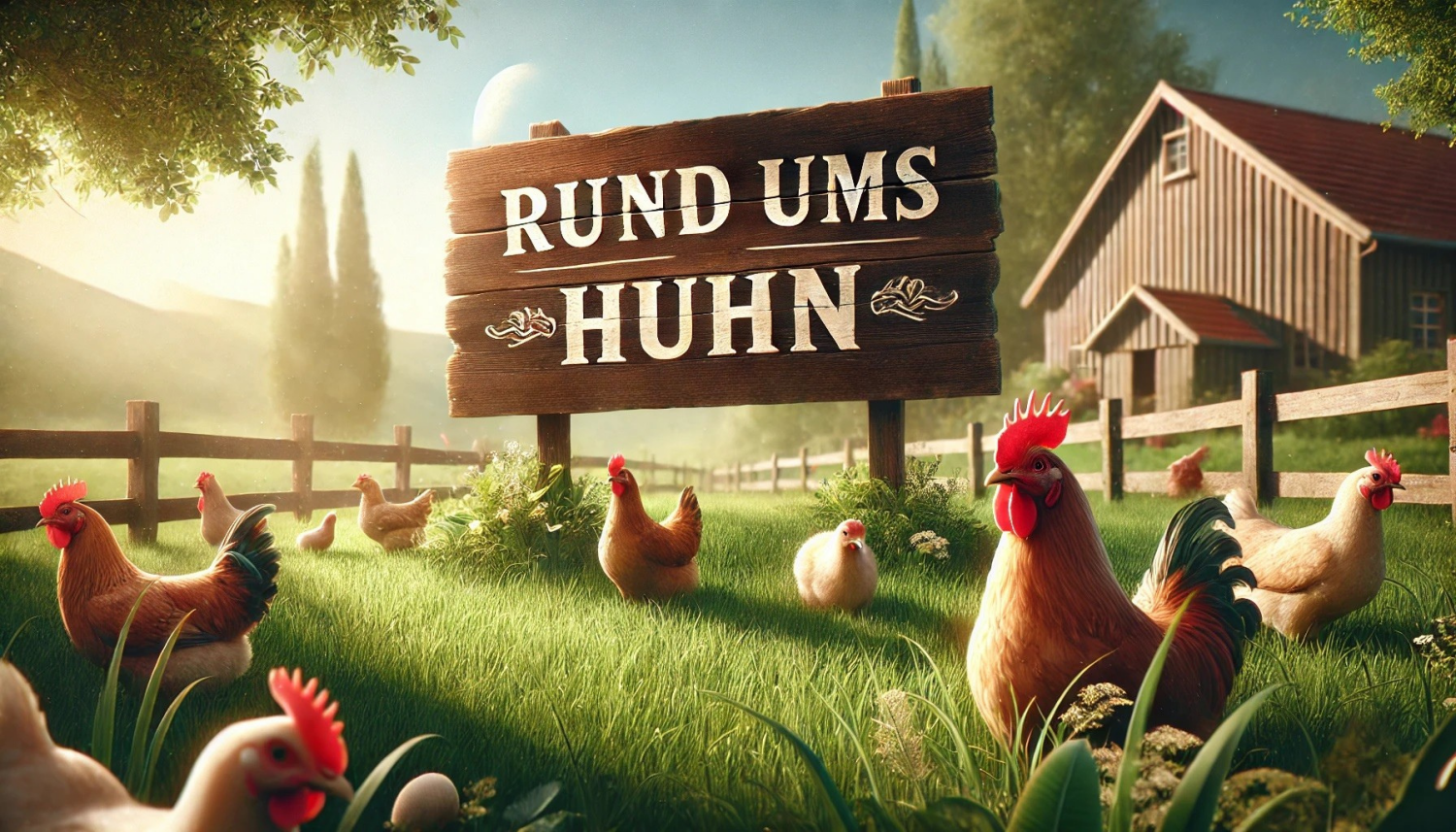 Holzschild mit dem deutschen Text "RUND UMS HUHN" und dekorativen Verzierungen