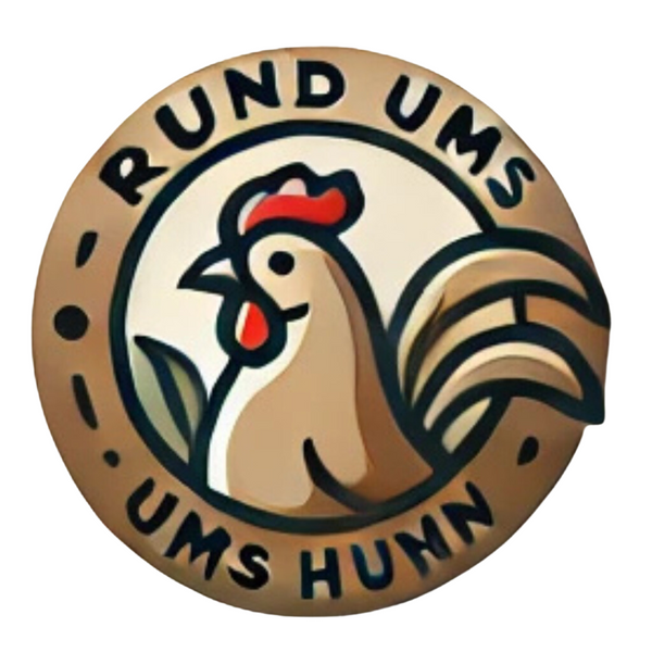 Stylisierter Hahn-Logo mit deutschem Text "RUND UMS" und "UMS HUHN" in einem kreisförmigen Design